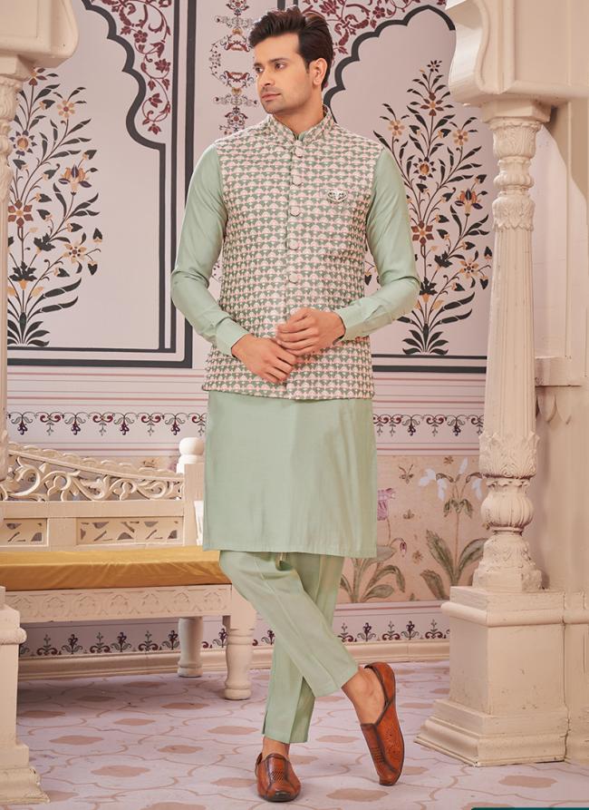 Art Silk  Pista Green Wedding Wear Printed Readymade Kurta Pajama With Jacket